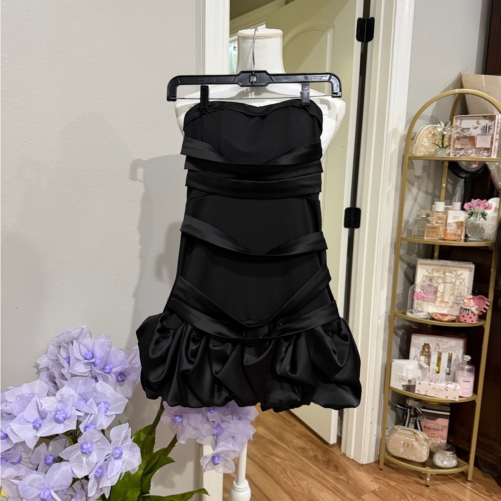 Black Strapless Ruffled Hem Mini Dress